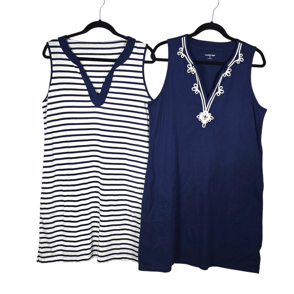 Lands End Womens Navy Blue White Striped Embroidered Cover Up Dress Set M 10-12